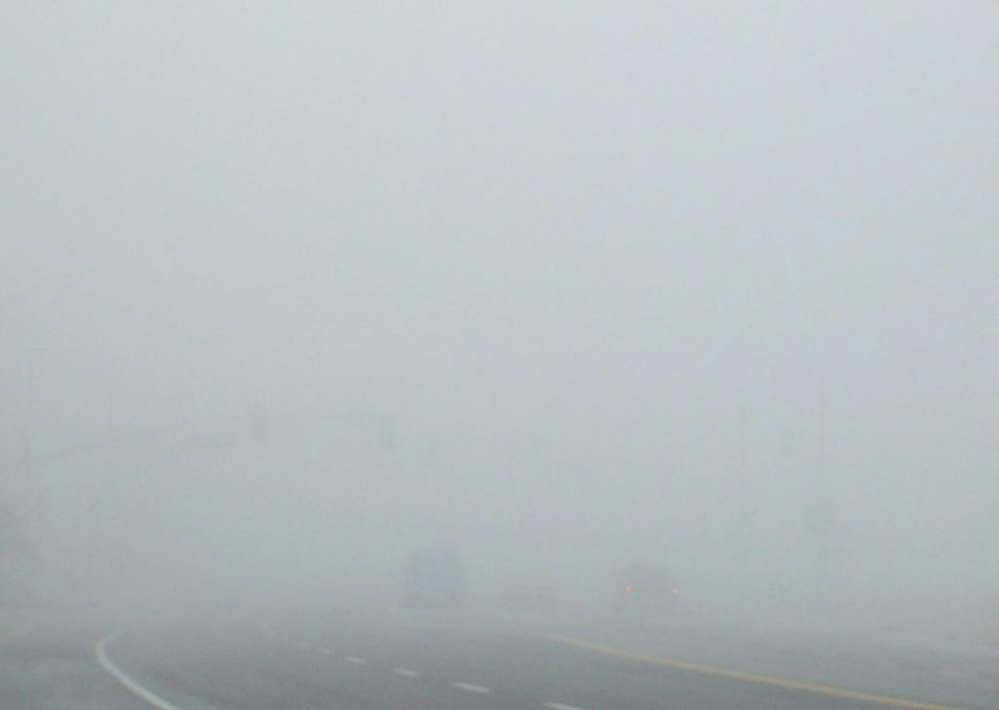 Dense tule fog often shrouds the highways in Bakersfield, California. Visibility in this photograph is less than 500 feet. (Courtesy Wikipedia)